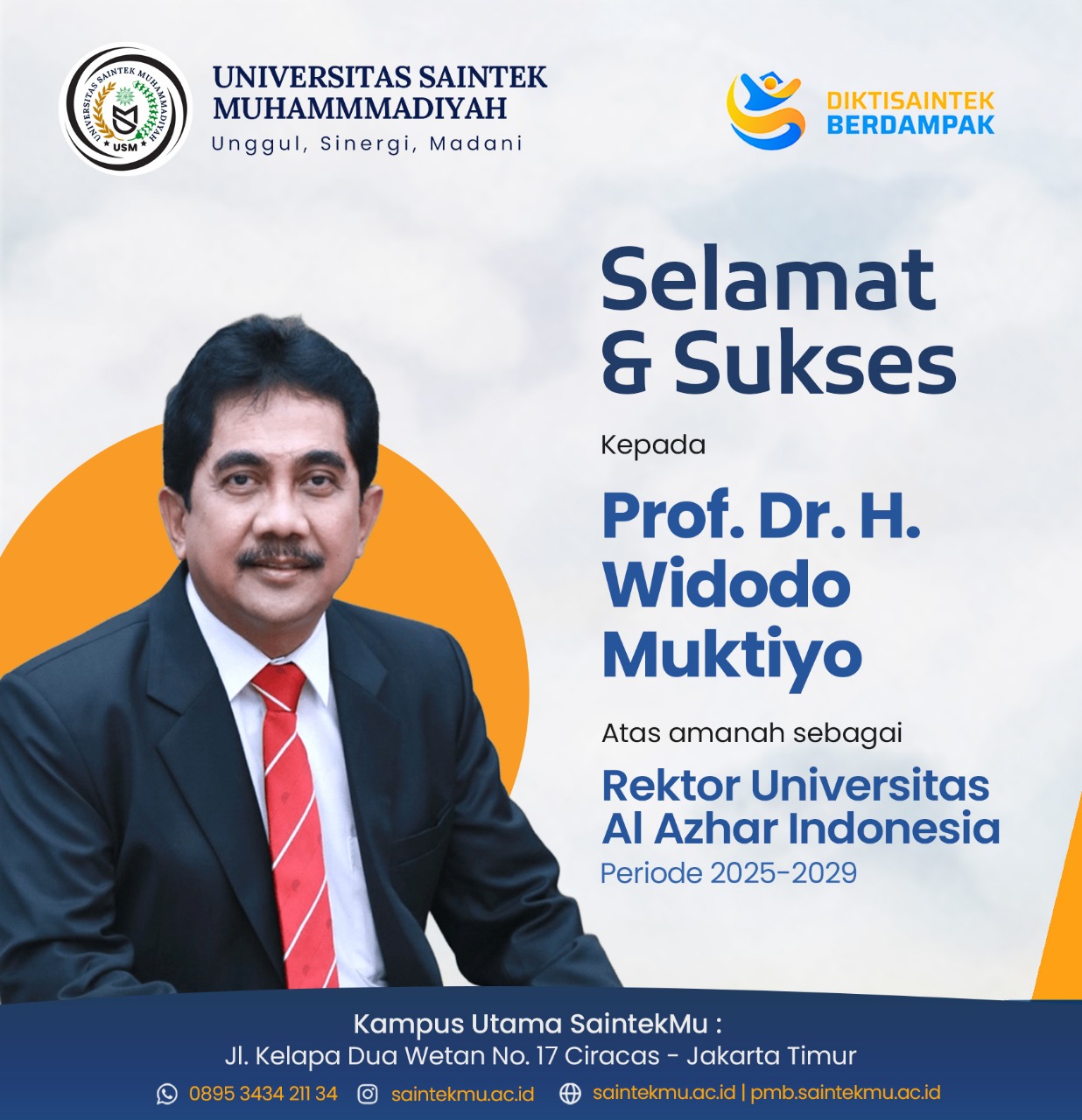 Prof. Widodo Muktiyo Dilantik Rektor UIA, Rektor SaintekMU Ucapkan Selamat.